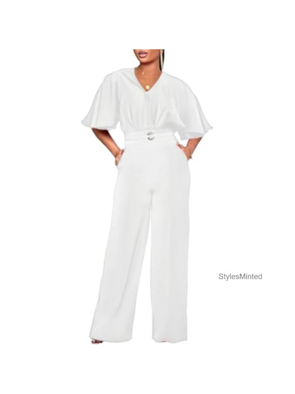 HWP Women's Elegant One Piece Wide Leg Jumpsuit V-Neck Ruffle Sleeve